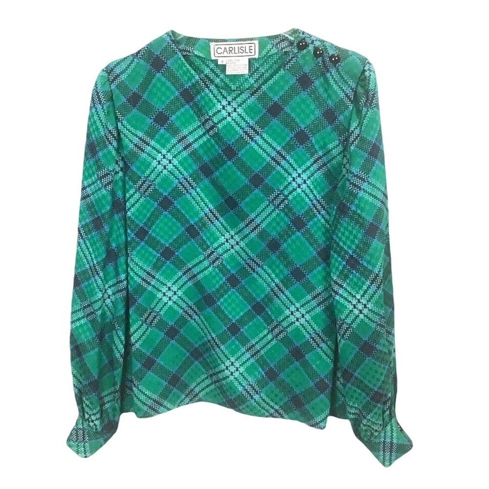Vintage Carlisle‎ Women Blouse 100% Silk Green Plaid Blouse Long Sleeves Size 8